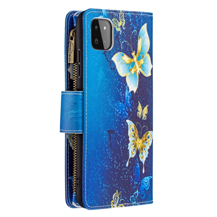 For Samsung Galaxy A22 5G Colored Drawing Pattern Zipper Horizontal Flip Leather Case with Holder & Card Slots & Wallet(Gold Butterfly) by buy2fix