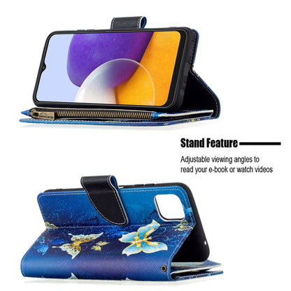 For Samsung Galaxy A22 5G Colored Drawing Pattern Zipper Horizontal Flip Leather Case with Holder & Card Slots & Wallet(Gold Butterfly) by buy2fix