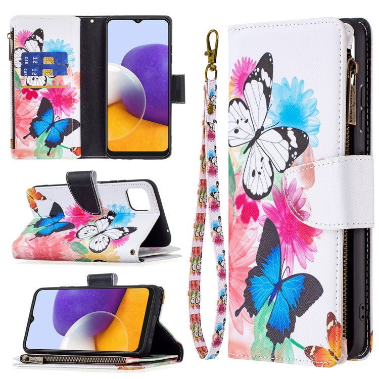 For Samsung Galaxy A22 5G Colored Drawing Pattern Zipper Horizontal Flip Leather Case with Holder & Card Slots & Wallet(Two Butterflies) by buy2fix