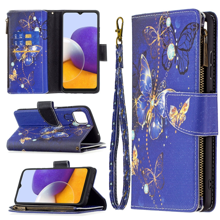 For Samsung Galaxy A22 5G Colored Drawing Pattern Zipper Horizontal Flip Leather Case with Holder & Card Slots & Wallet(Purple Butterfly) by buy2fix