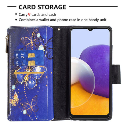 For Samsung Galaxy A22 5G Colored Drawing Pattern Zipper Horizontal Flip Leather Case with Holder & Card Slots & Wallet(Purple Butterfly) by buy2fix