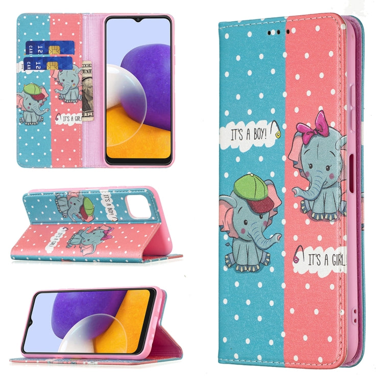 For Samsung Galaxy A22 5G Colored Drawing Pattern Invisible Magnetic Horizontal Flip PU Leather Case with Holder & Card Slots & Wallet(Elephant) by buy2fix