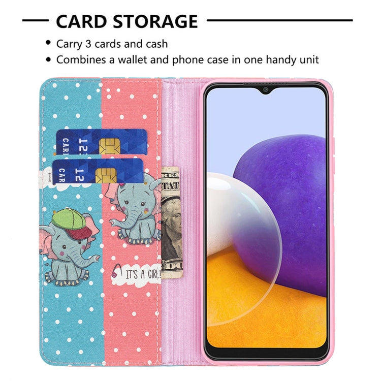 For Samsung Galaxy A22 5G Colored Drawing Pattern Invisible Magnetic Horizontal Flip PU Leather Case with Holder & Card Slots & Wallet(Elephant) by buy2fix