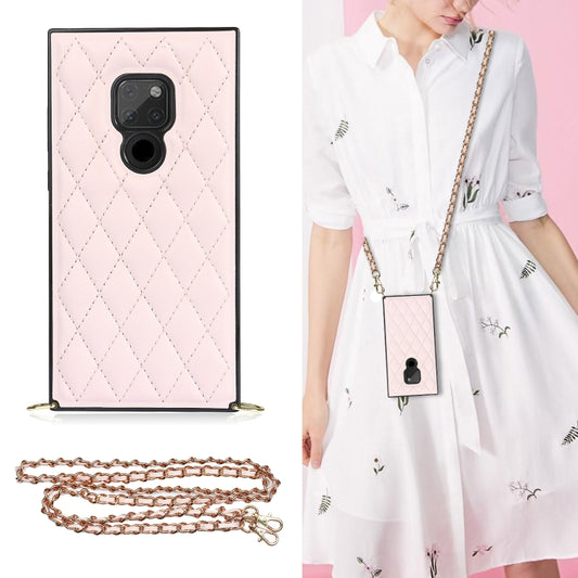 For Huawei Mate 20 Elegant Rhombic Pattern Microfiber Leather +TPU Shockproof Case with Crossbody Strap Chain(Pink) - Huawei Cases by buy2fix | Online Shopping UK | buy2fix