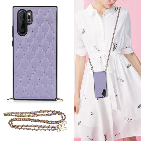 For Huawei P30 Pro Elegant Rhombic Pattern Microfiber Leather +TPU Shockproof Case with Crossbody Strap Chain(Purple)