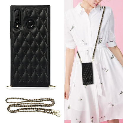 For Huawei P30 Lite Elegant Rhombic Pattern Microfiber Leather +TPU Shockproof Case with Crossbody Strap Chain(Black) - Huawei Cases by buy2fix | Online Shopping UK | buy2fix