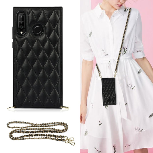 For Huawei P30 Lite Elegant Rhombic Pattern Microfiber Leather +TPU Shockproof Case with Crossbody Strap Chain(Black) - Huawei Cases by buy2fix | Online Shopping UK | buy2fix
