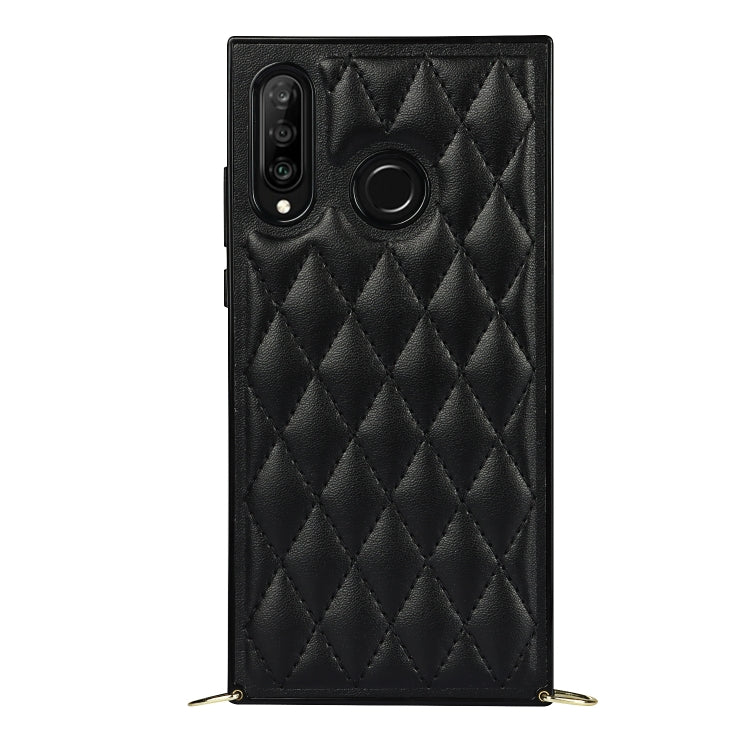 For Huawei P30 Lite Elegant Rhombic Pattern Microfiber Leather +TPU Shockproof Case with Crossbody Strap Chain(Black) - Huawei Cases by buy2fix | Online Shopping UK | buy2fix