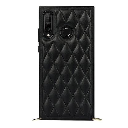 For Huawei P30 Lite Elegant Rhombic Pattern Microfiber Leather +TPU Shockproof Case with Crossbody Strap Chain(Black) - Huawei Cases by buy2fix | Online Shopping UK | buy2fix
