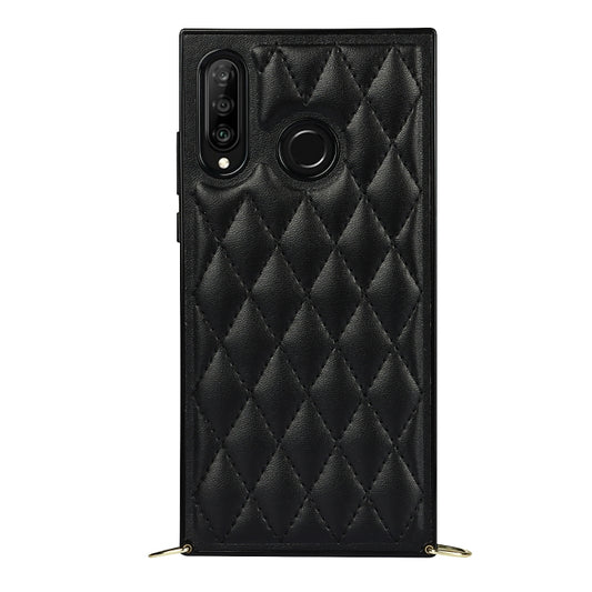 For Huawei P30 Lite Elegant Rhombic Pattern Microfiber Leather +TPU Shockproof Case with Crossbody Strap Chain(Black) - Huawei Cases by buy2fix | Online Shopping UK | buy2fix