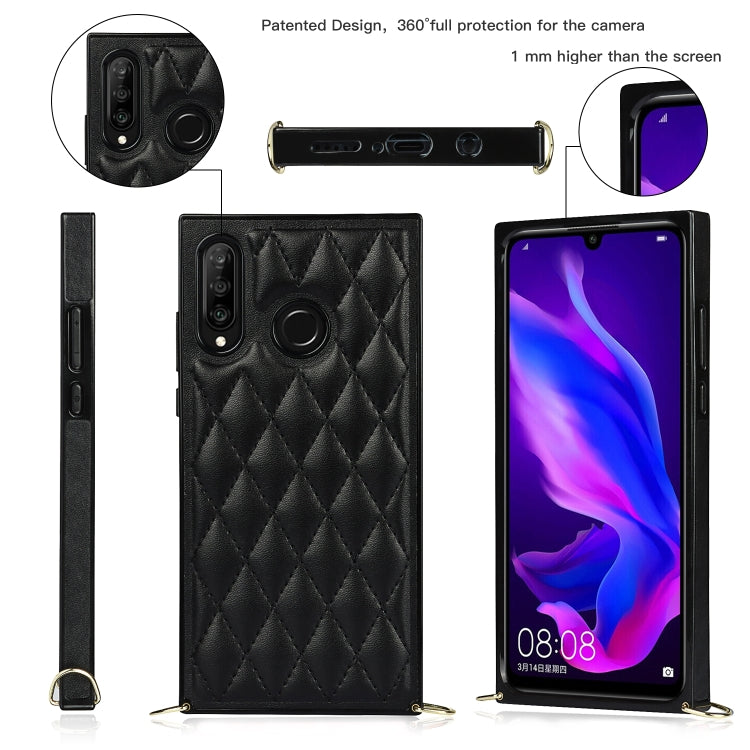 For Huawei P30 Lite Elegant Rhombic Pattern Microfiber Leather +TPU Shockproof Case with Crossbody Strap Chain(Black) - Huawei Cases by buy2fix | Online Shopping UK | buy2fix