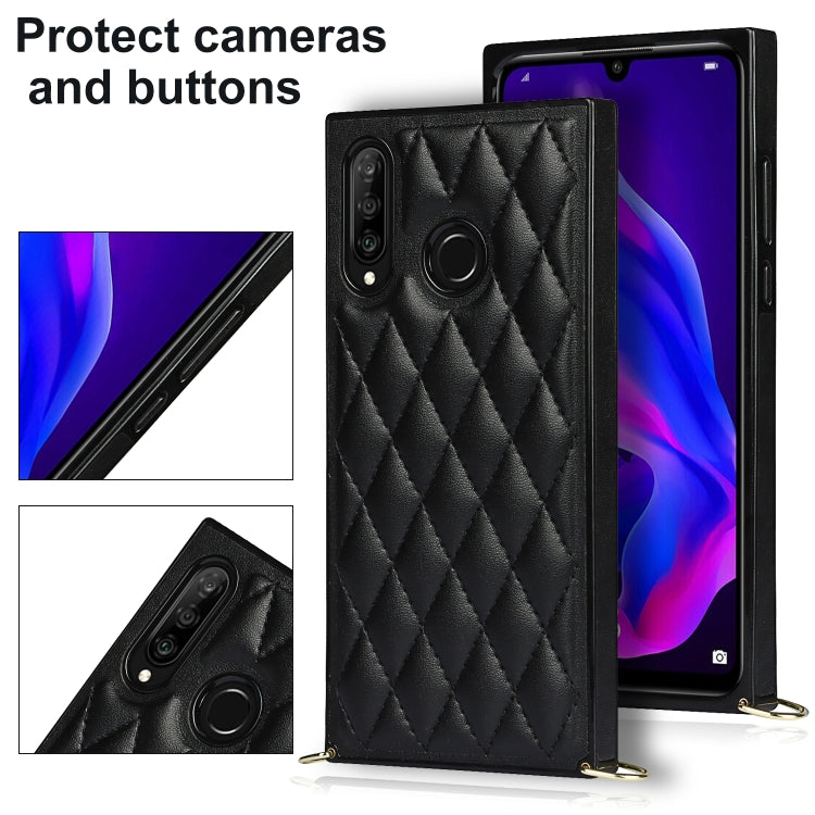 For Huawei P30 Lite Elegant Rhombic Pattern Microfiber Leather +TPU Shockproof Case with Crossbody Strap Chain(Black) - Huawei Cases by buy2fix | Online Shopping UK | buy2fix