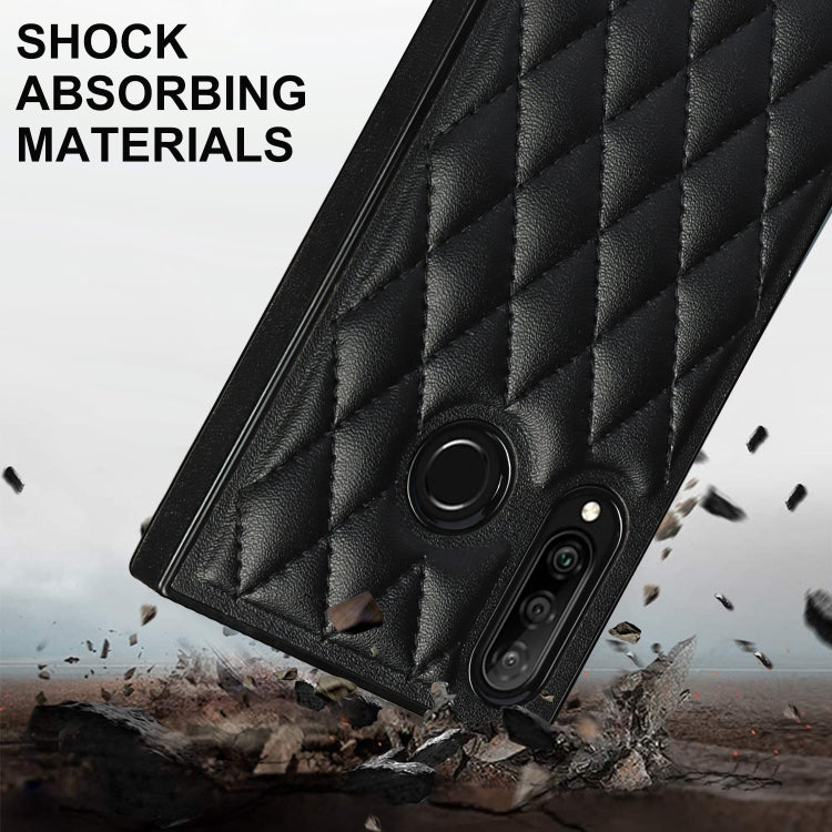 For Huawei P30 Lite Elegant Rhombic Pattern Microfiber Leather +TPU Shockproof Case with Crossbody Strap Chain(Black) - Huawei Cases by buy2fix | Online Shopping UK | buy2fix