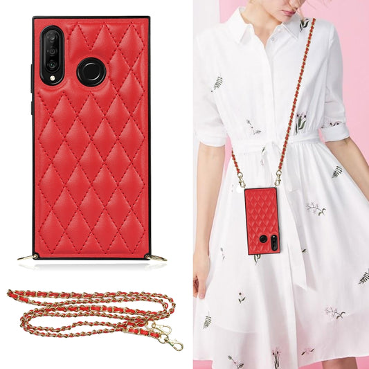 For Huawei P30 Lite Elegant Rhombic Pattern Microfiber Leather +TPU Shockproof Case with Crossbody Strap Chain(Red) - Huawei Cases by buy2fix | Online Shopping UK | buy2fix