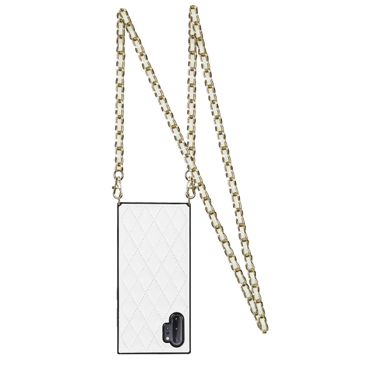 For Samsung Galaxy Note10+ Elegant Rhombic Pattern Microfiber Leather +TPU Shockproof Case with Crossbody Strap Chain(White) by buy2fix