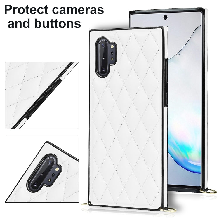 For Samsung Galaxy Note10+ Elegant Rhombic Pattern Microfiber Leather +TPU Shockproof Case with Crossbody Strap Chain(White) by buy2fix