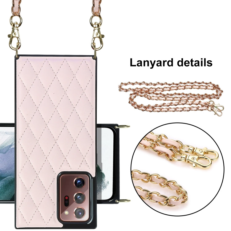 For Samsung Galaxy Note20 Ultra Elegant Rhombic Pattern Microfiber Leather +TPU Shockproof Case with Crossbody Strap Chain(Pink) by buy2fix
