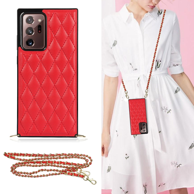 For Samsung Galaxy Note20 Ultra Elegant Rhombic Pattern Microfiber Leather +TPU Shockproof Case with Crossbody Strap Chain(Red) by buy2fix