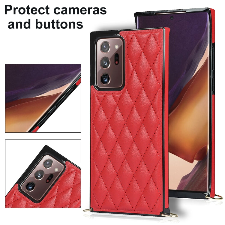 For Samsung Galaxy Note20 Ultra Elegant Rhombic Pattern Microfiber Leather +TPU Shockproof Case with Crossbody Strap Chain(Red) by buy2fix