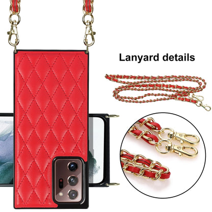 For Samsung Galaxy Note20 Ultra Elegant Rhombic Pattern Microfiber Leather +TPU Shockproof Case with Crossbody Strap Chain(Red) by buy2fix