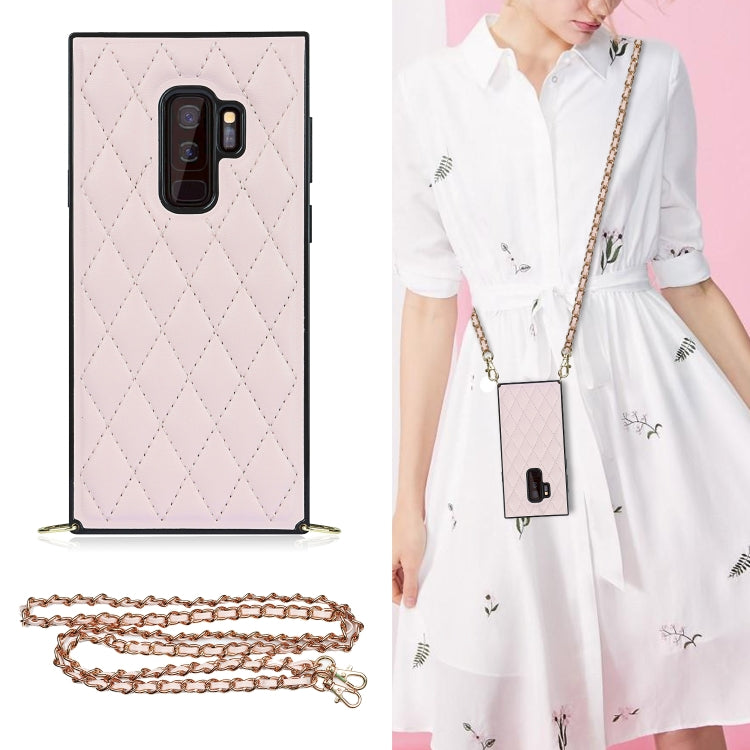 For Samsung Galaxy S9+ Elegant Rhombic Pattern Microfiber Leather +TPU Shockproof Case with Crossbody Strap Chain(Pink) by buy2fix