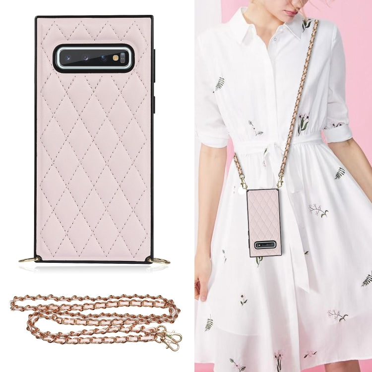 For Samsung Galaxy S10 Elegant Rhombic Pattern Microfiber Leather +TPU Shockproof Case with Crossbody Strap Chain(Pink) by buy2fix