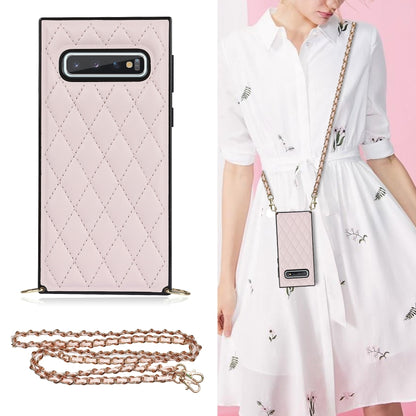 For Samsung Galaxy S10 Elegant Rhombic Pattern Microfiber Leather +TPU Shockproof Case with Crossbody Strap Chain(Pink) by buy2fix