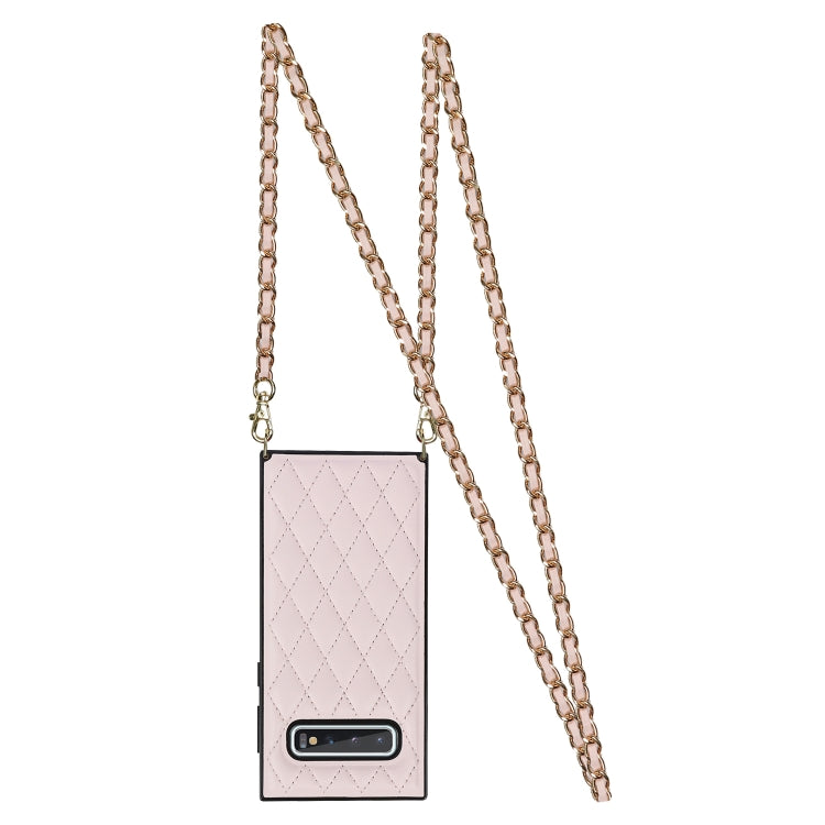 For Samsung Galaxy S10 Elegant Rhombic Pattern Microfiber Leather +TPU Shockproof Case with Crossbody Strap Chain(Pink) by buy2fix