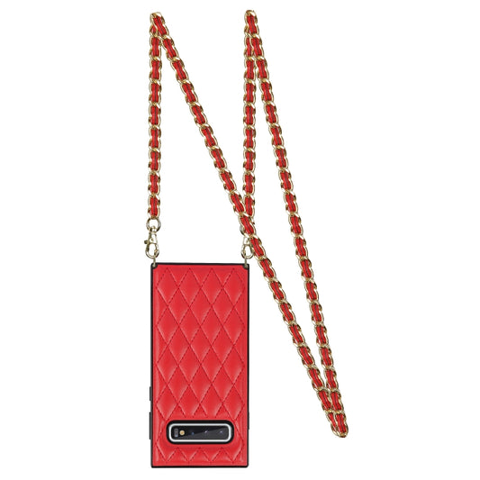 For Samsung Galaxy S10e Elegant Rhombic Pattern Microfiber Leather +TPU Shockproof Case with Crossbody Strap Chain(Red) by buy2fix