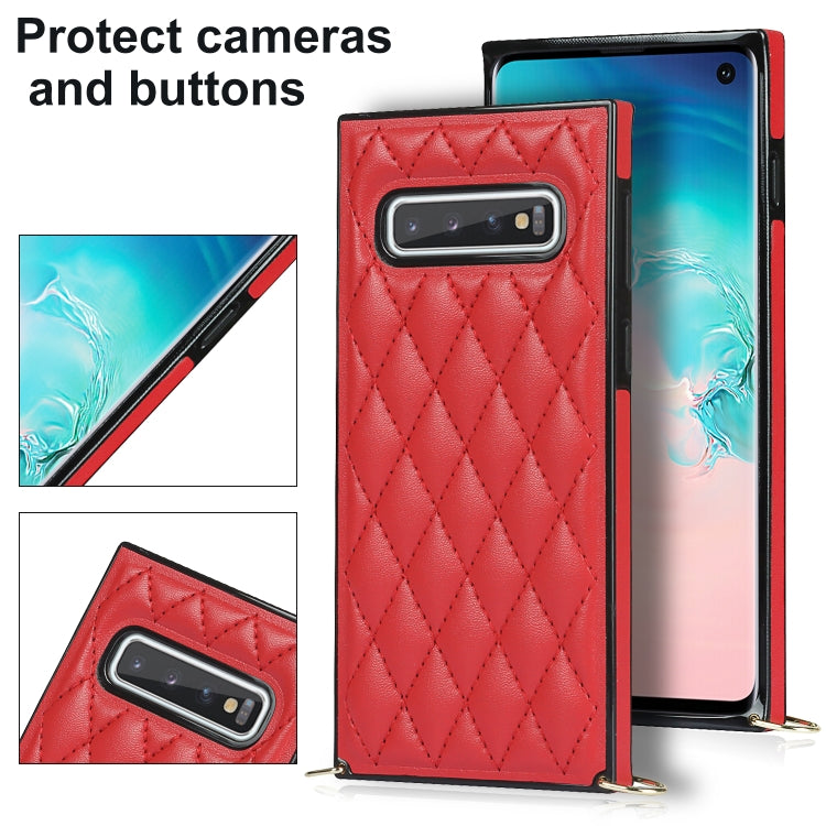 For Samsung Galaxy S10e Elegant Rhombic Pattern Microfiber Leather +TPU Shockproof Case with Crossbody Strap Chain(Red) by buy2fix