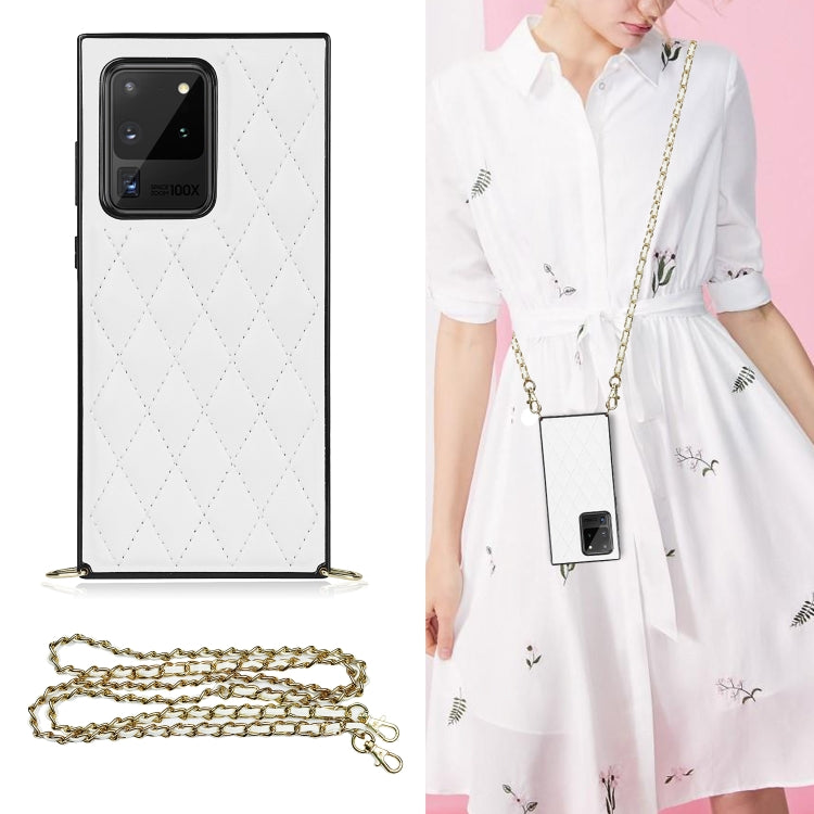 For Samsung Galaxy S20 Ultra Elegant Rhombic Pattern Microfiber Leather +TPU Shockproof Case with Crossbody Strap Chain(White) by buy2fix