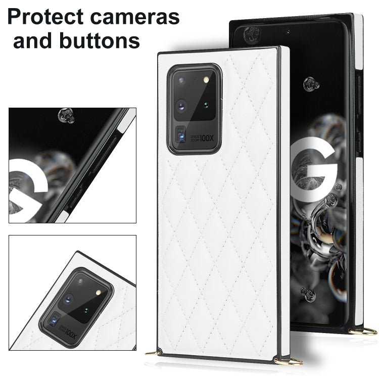 For Samsung Galaxy S20 Ultra Elegant Rhombic Pattern Microfiber Leather +TPU Shockproof Case with Crossbody Strap Chain(White) by buy2fix