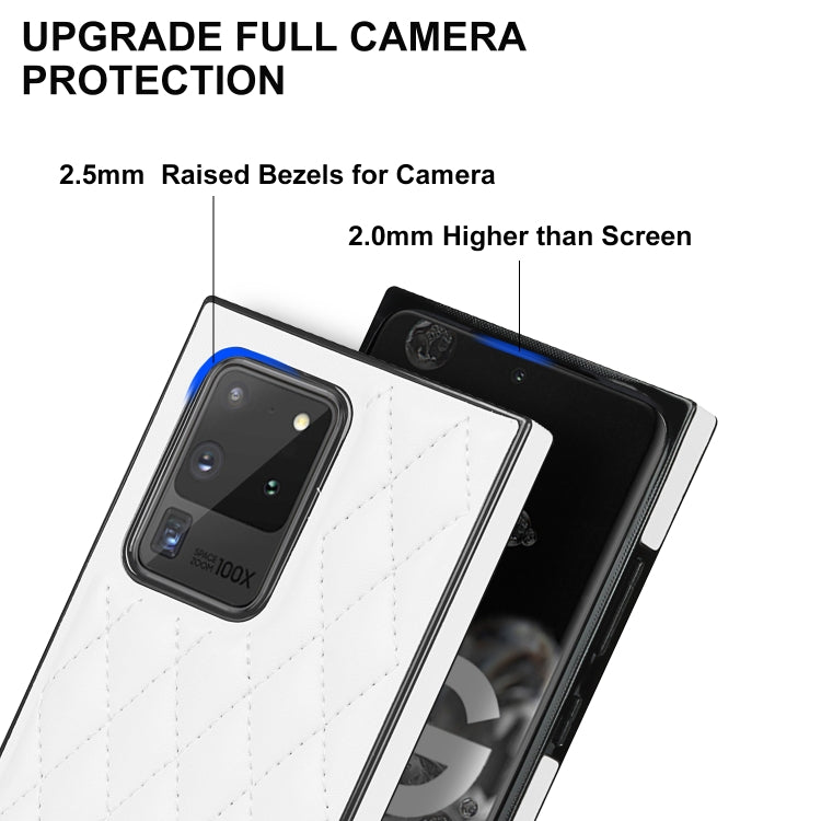 For Samsung Galaxy S20 Ultra Elegant Rhombic Pattern Microfiber Leather +TPU Shockproof Case with Crossbody Strap Chain(White) by buy2fix