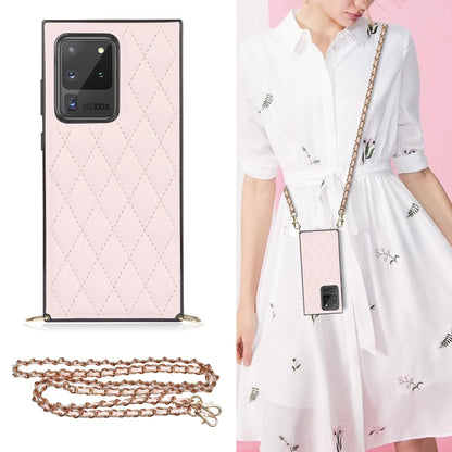 For Samsung Galaxy S20 Ultra Elegant Rhombic Pattern Microfiber Leather +TPU Shockproof Case with Crossbody Strap Chain(Pink) by buy2fix