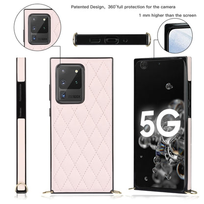 For Samsung Galaxy S20 Ultra Elegant Rhombic Pattern Microfiber Leather +TPU Shockproof Case with Crossbody Strap Chain(Pink) by buy2fix