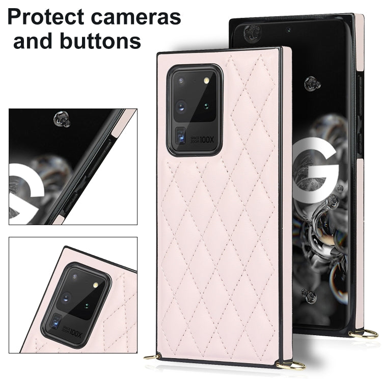 For Samsung Galaxy S20 Ultra Elegant Rhombic Pattern Microfiber Leather +TPU Shockproof Case with Crossbody Strap Chain(Pink) by buy2fix
