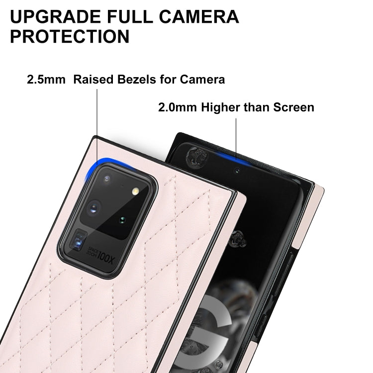 For Samsung Galaxy S20 Ultra Elegant Rhombic Pattern Microfiber Leather +TPU Shockproof Case with Crossbody Strap Chain(Pink) by buy2fix