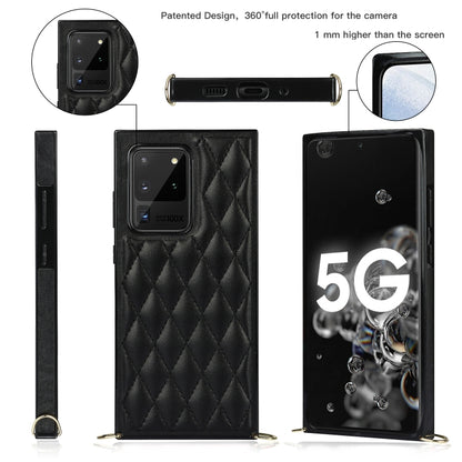 For Samsung Galaxy S20 Ultra Elegant Rhombic Pattern Microfiber Leather +TPU Shockproof Case with Crossbody Strap Chain(Black) by buy2fix