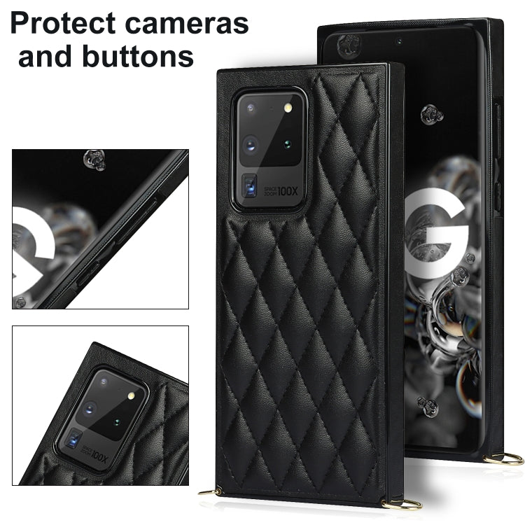 For Samsung Galaxy S20 Ultra Elegant Rhombic Pattern Microfiber Leather +TPU Shockproof Case with Crossbody Strap Chain(Black) by buy2fix