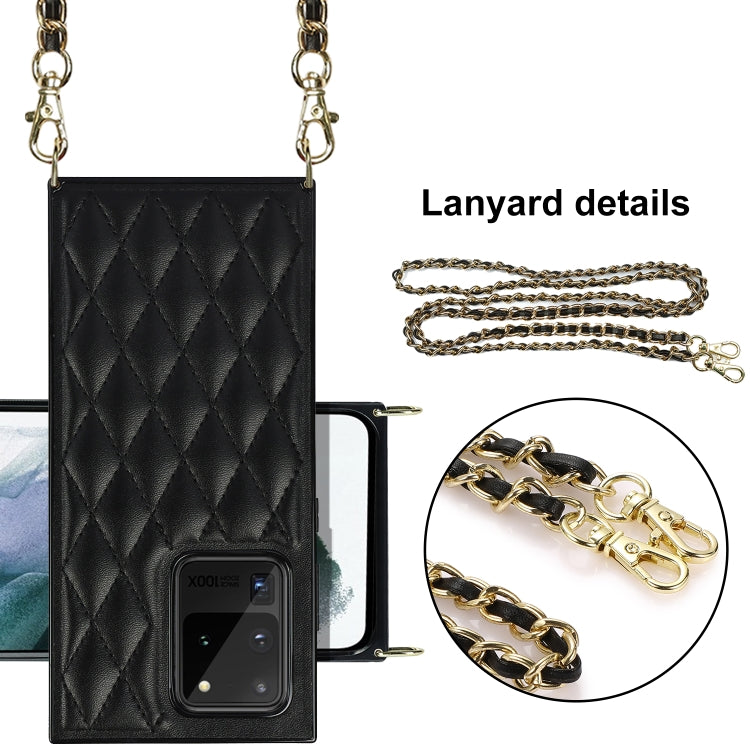 For Samsung Galaxy S20 Ultra Elegant Rhombic Pattern Microfiber Leather +TPU Shockproof Case with Crossbody Strap Chain(Black) by buy2fix