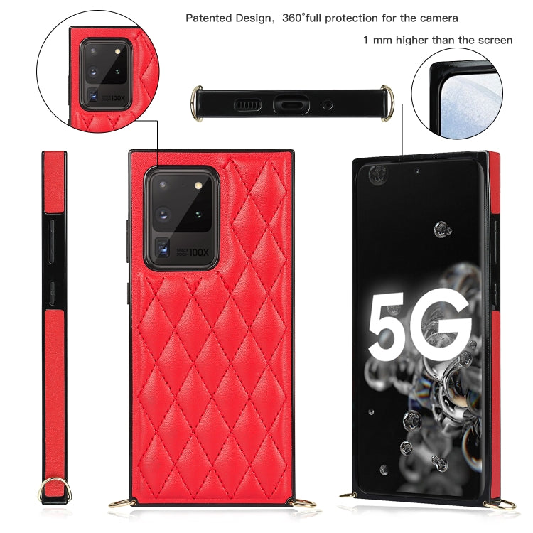 For Samsung Galaxy S20 Ultra Elegant Rhombic Pattern Microfiber Leather +TPU Shockproof Case with Crossbody Strap Chain(Red) by buy2fix