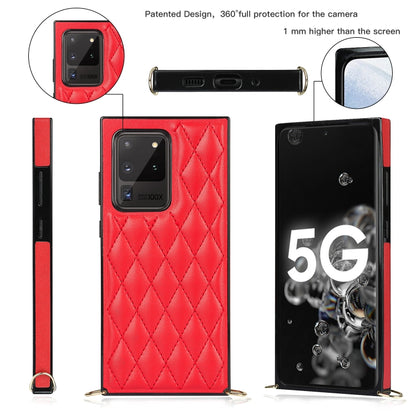For Samsung Galaxy S20 Ultra Elegant Rhombic Pattern Microfiber Leather +TPU Shockproof Case with Crossbody Strap Chain(Red) by buy2fix