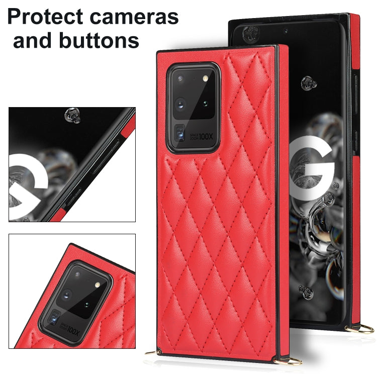 For Samsung Galaxy S20 Ultra Elegant Rhombic Pattern Microfiber Leather +TPU Shockproof Case with Crossbody Strap Chain(Red) by buy2fix