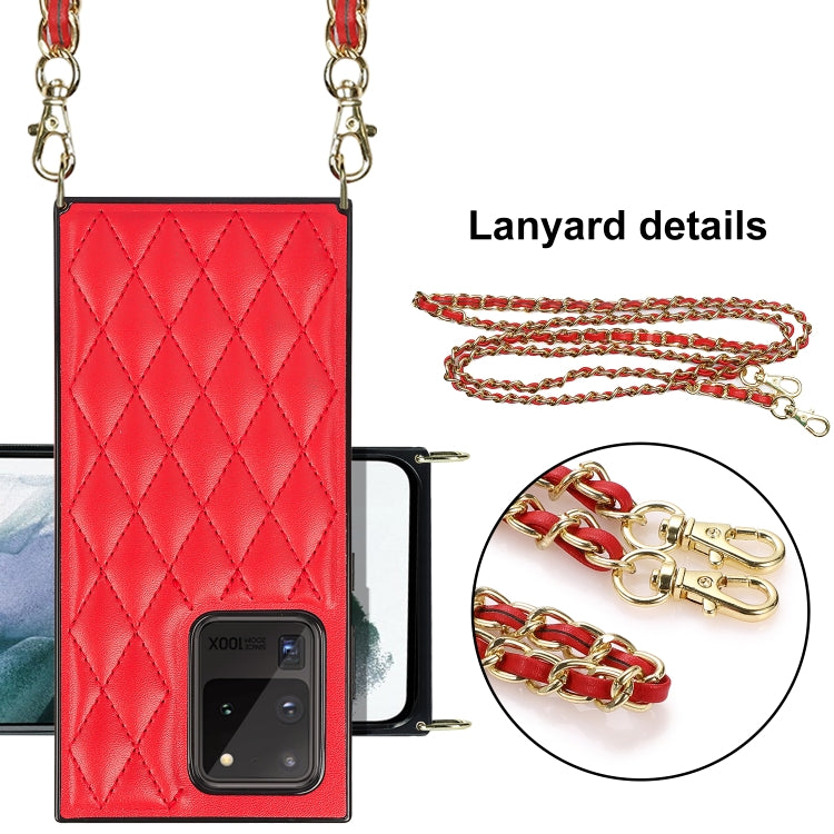 For Samsung Galaxy S20 Ultra Elegant Rhombic Pattern Microfiber Leather +TPU Shockproof Case with Crossbody Strap Chain(Red) by buy2fix
