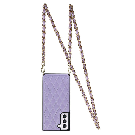 For Samsung Galaxy S21 5G Elegant Rhombic Pattern Microfiber Leather +TPU Shockproof Case with Crossbody Strap Chain(Purple) - Galaxy S21 5G Cases by buy2fix | Online Shopping UK | buy2fix