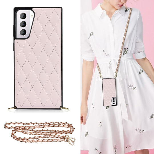 For Samsung Galaxy S21+ 5G Elegant Rhombic Pattern Microfiber Leather +TPU Shockproof Case with Crossbody Strap Chain(Pink)