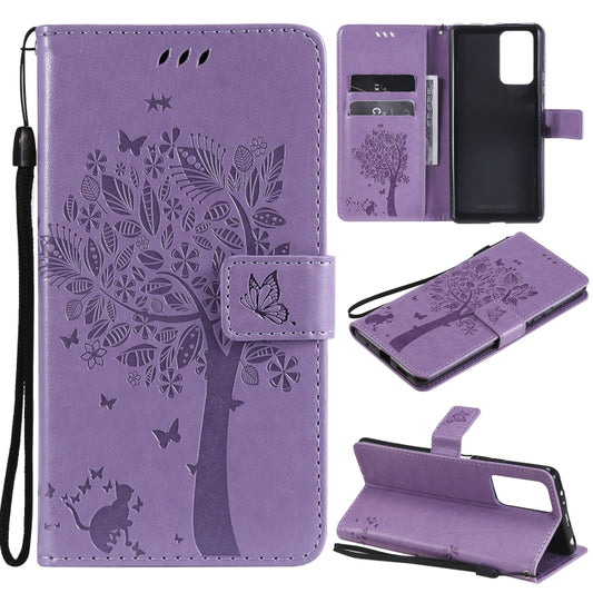 For Xiaomi Redmi Note 10 Pro Tree & Cat Pattern Pressed Printing Horizontal Flip PU Leather Case with Holder & Card Slots & Wallet & Lanyard(Light Purple) - Xiaomi Cases by buy2fix | Online Shopping UK | buy2fix