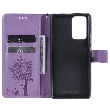 For Xiaomi Redmi Note 10 Pro Tree & Cat Pattern Pressed Printing Horizontal Flip PU Leather Case with Holder & Card Slots & Wallet & Lanyard(Light Purple) - Xiaomi Cases by buy2fix | Online Shopping UK | buy2fix