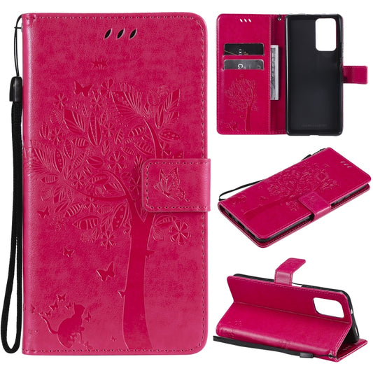 For Xiaomi Redmi Note 10 Pro Tree & Cat Pattern Pressed Printing Horizontal Flip PU Leather Case with Holder & Card Slots & Wallet & Lanyard(Rose Red) - Xiaomi Cases by buy2fix | Online Shopping UK | buy2fix