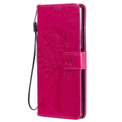For Xiaomi Redmi Note 10 Pro Tree & Cat Pattern Pressed Printing Horizontal Flip PU Leather Case with Holder & Card Slots & Wallet & Lanyard(Rose Red) - Xiaomi Cases by buy2fix | Online Shopping UK | buy2fix
